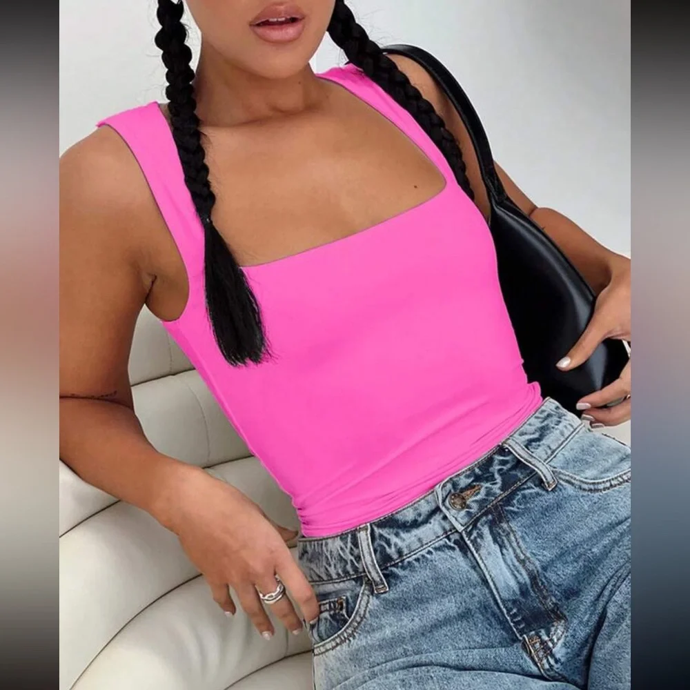 Boho hot pink  square neck tank top
